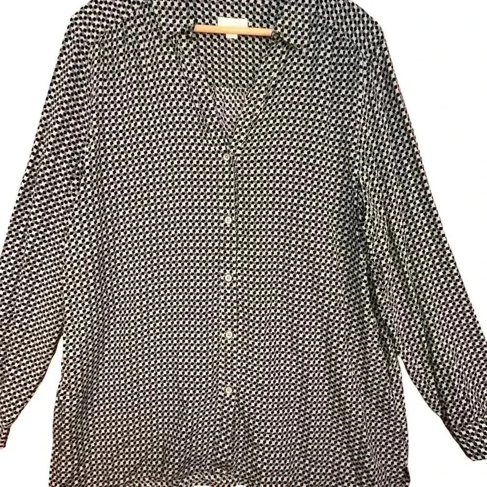 J Jill Women’s Gray Black Button Up Shirt Long Sleeve Rayon Career‎ Casual Large